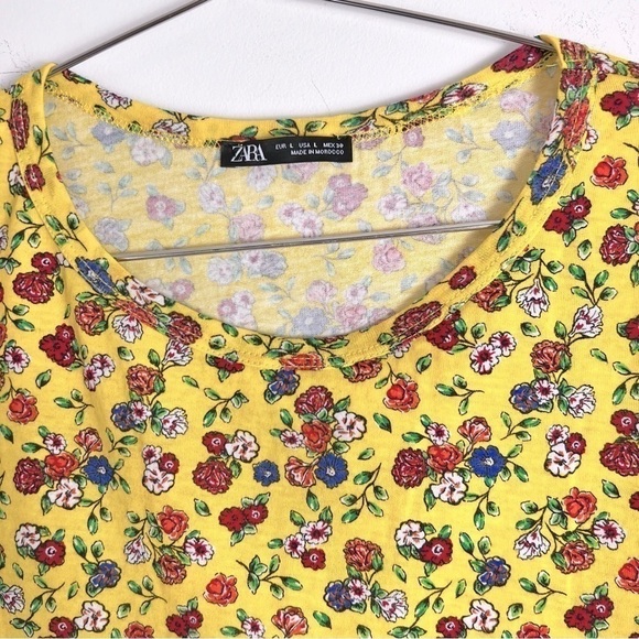 ZARA Yellow Bright Colorful Floral Boxy Cotton Short Sleeve Tee Top L - Picture 2 of 7